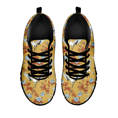 White Japanese Cranes Pattern Print Black Sneakers