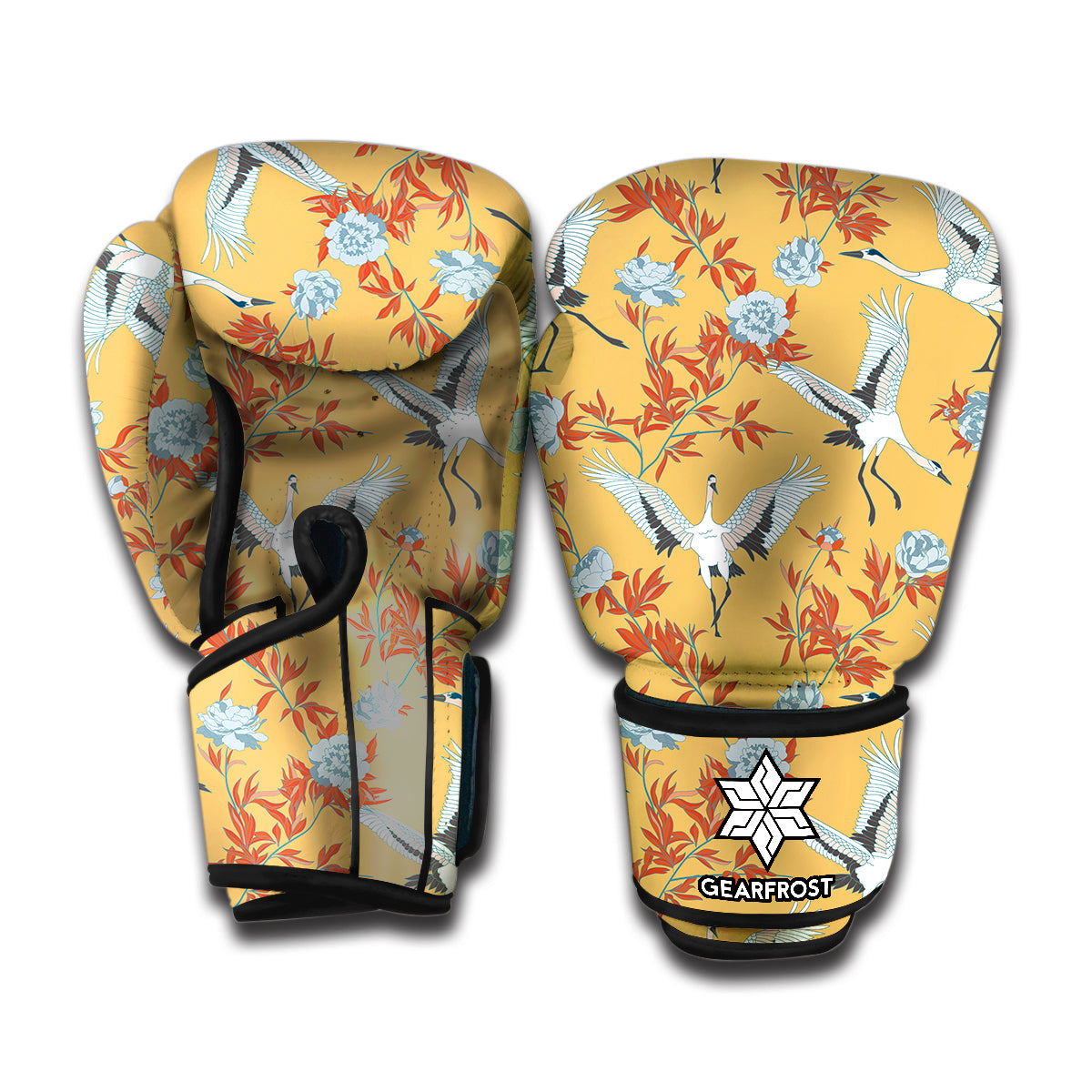 White Japanese Cranes Pattern Print Boxing Gloves