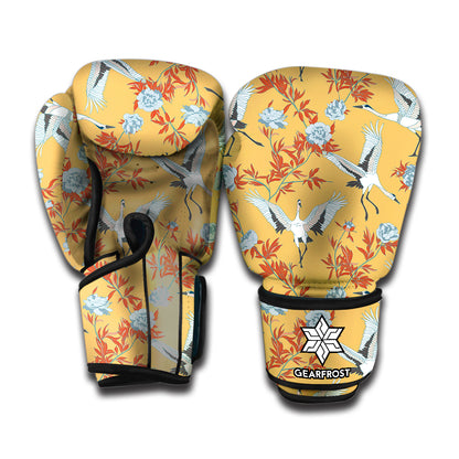 White Japanese Cranes Pattern Print Boxing Gloves