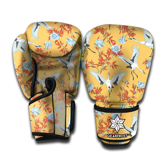White Japanese Cranes Pattern Print Boxing Gloves