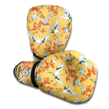 White Japanese Cranes Pattern Print Boxing Gloves