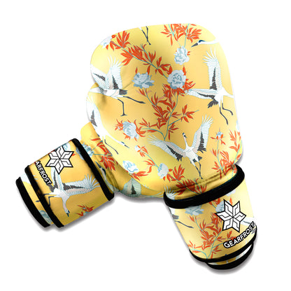 White Japanese Cranes Pattern Print Boxing Gloves