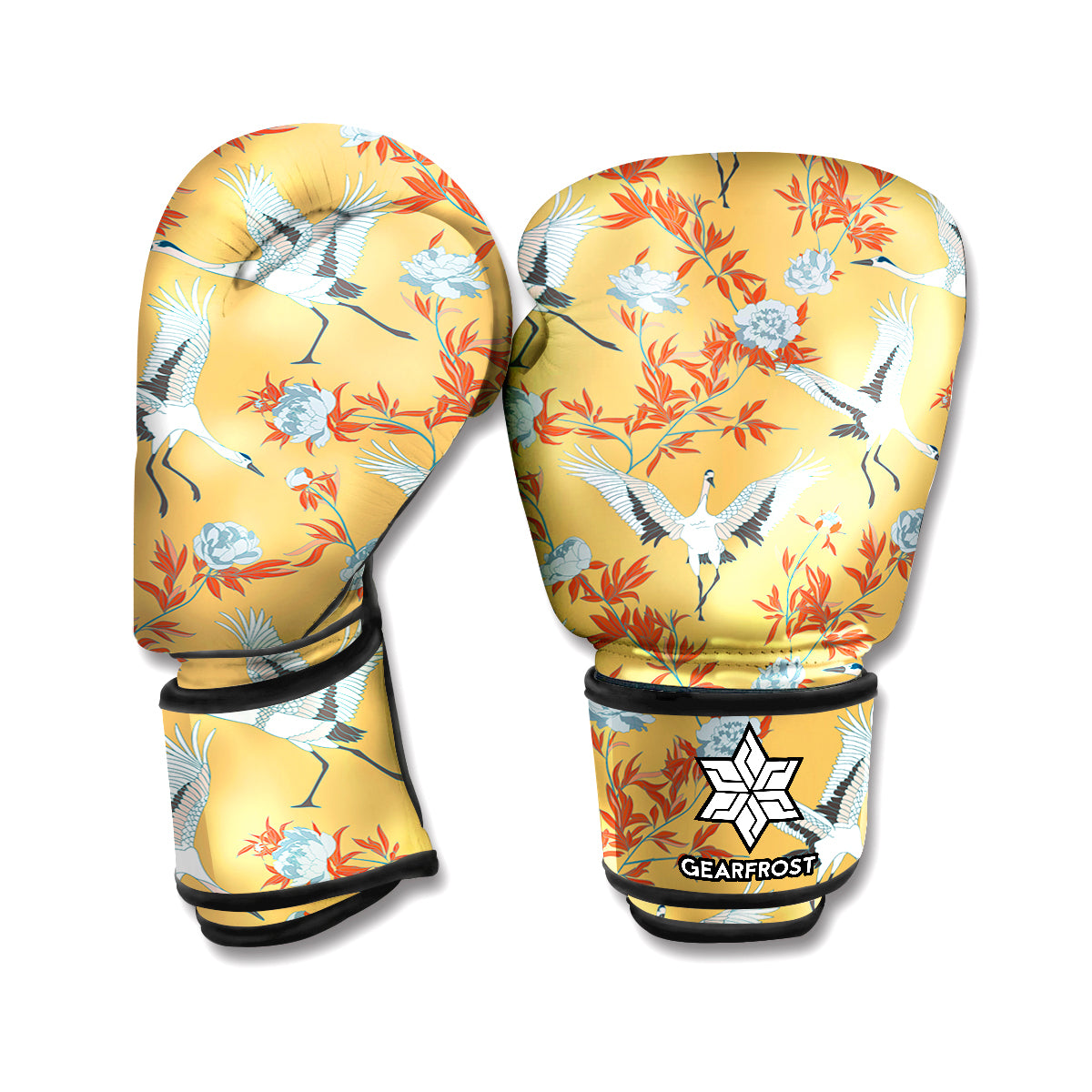 White Japanese Cranes Pattern Print Boxing Gloves