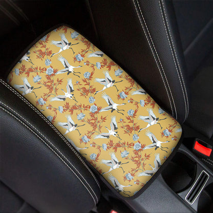 White Japanese Cranes Pattern Print Car Center Console Cover