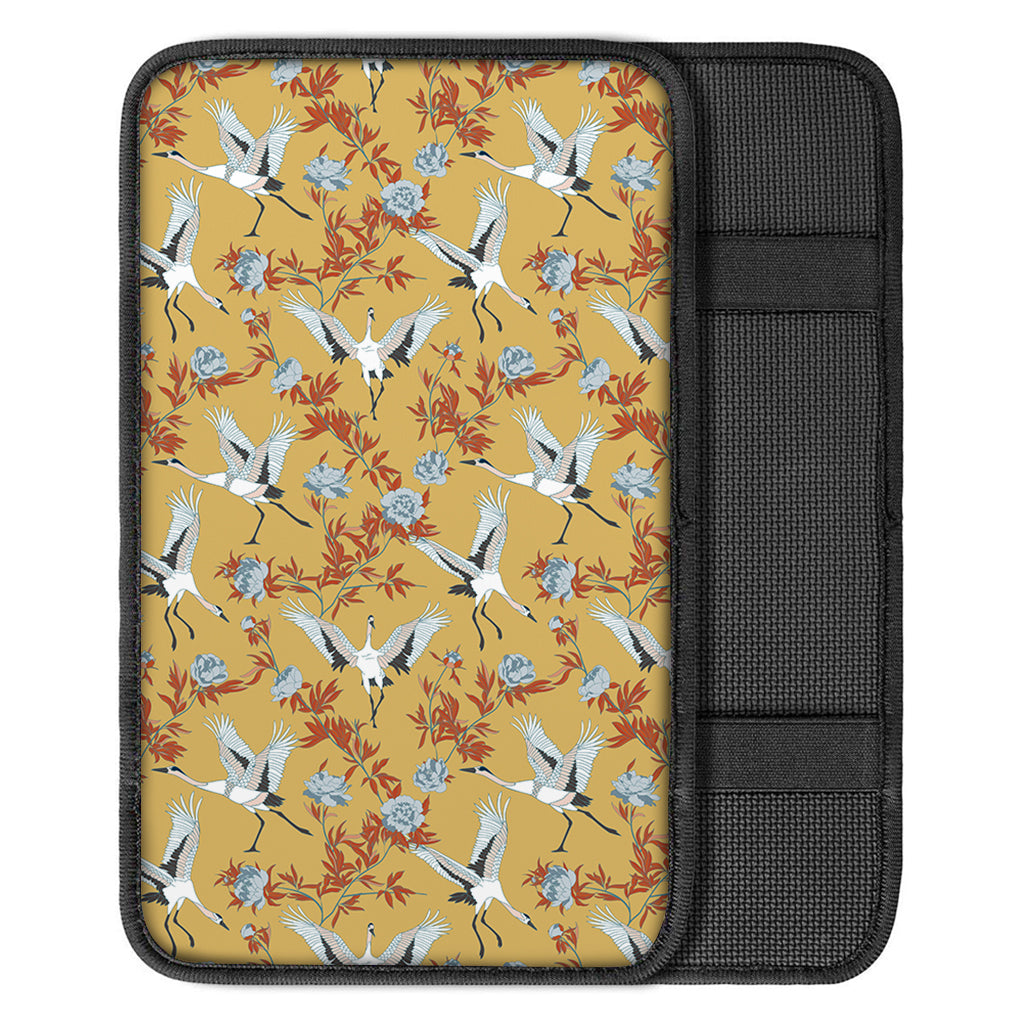 White Japanese Cranes Pattern Print Car Center Console Cover