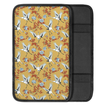 White Japanese Cranes Pattern Print Car Center Console Cover