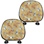 White Japanese Cranes Pattern Print Car Headrest Covers