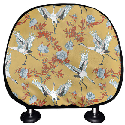 White Japanese Cranes Pattern Print Car Headrest Covers