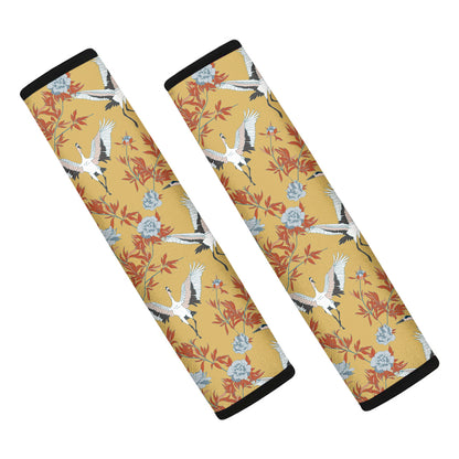 White Japanese Cranes Pattern Print Car Seat Belt Covers