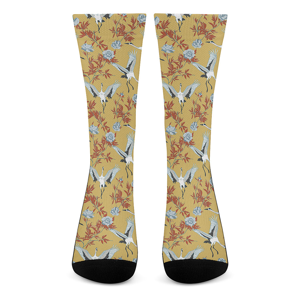 White Japanese Cranes Pattern Print Crew Socks