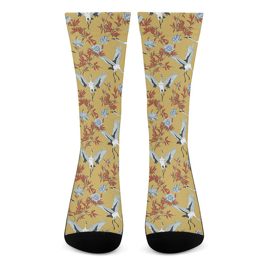 White Japanese Cranes Pattern Print Crew Socks
