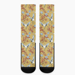 White Japanese Cranes Pattern Print Crew Socks