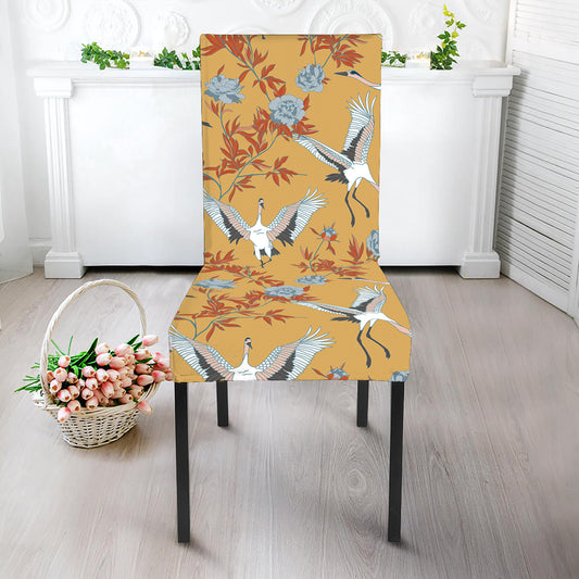 White Japanese Cranes Pattern Print Dining Chair Slipcover