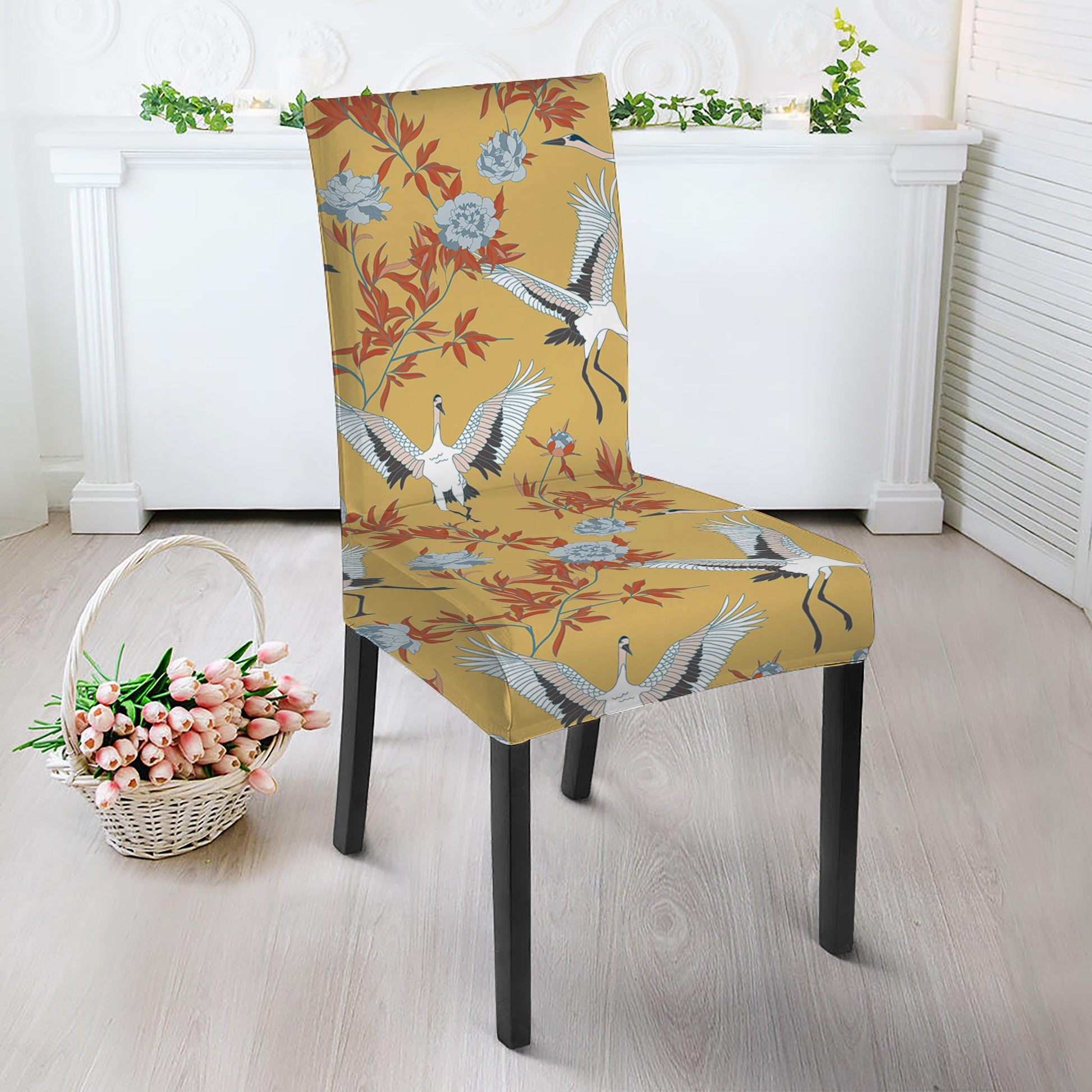 White Japanese Cranes Pattern Print Dining Chair Slipcover