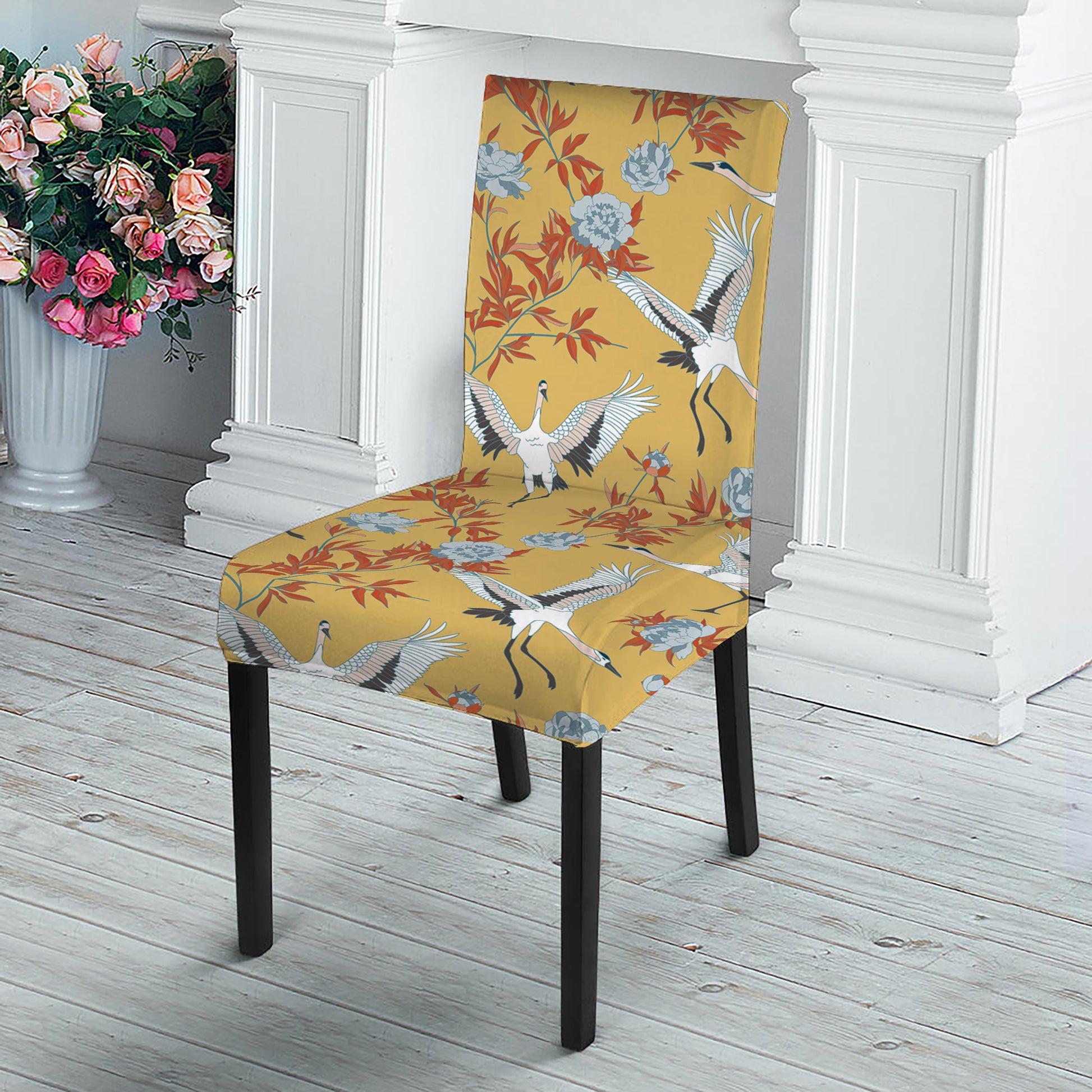 White Japanese Cranes Pattern Print Dining Chair Slipcover