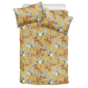 White Japanese Cranes Pattern Print Duvet Cover Bedding Set