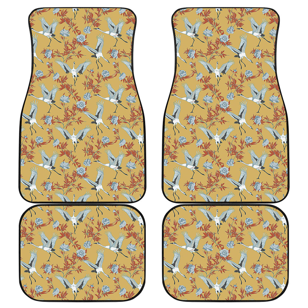 White Japanese Cranes Pattern Print Front and Back Car Floor Mats