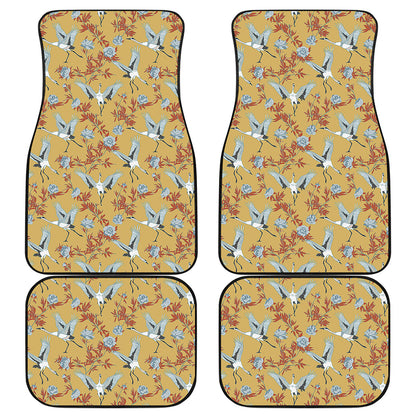 White Japanese Cranes Pattern Print Front and Back Car Floor Mats