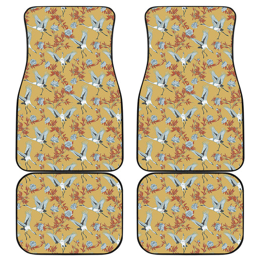 White Japanese Cranes Pattern Print Front and Back Car Floor Mats