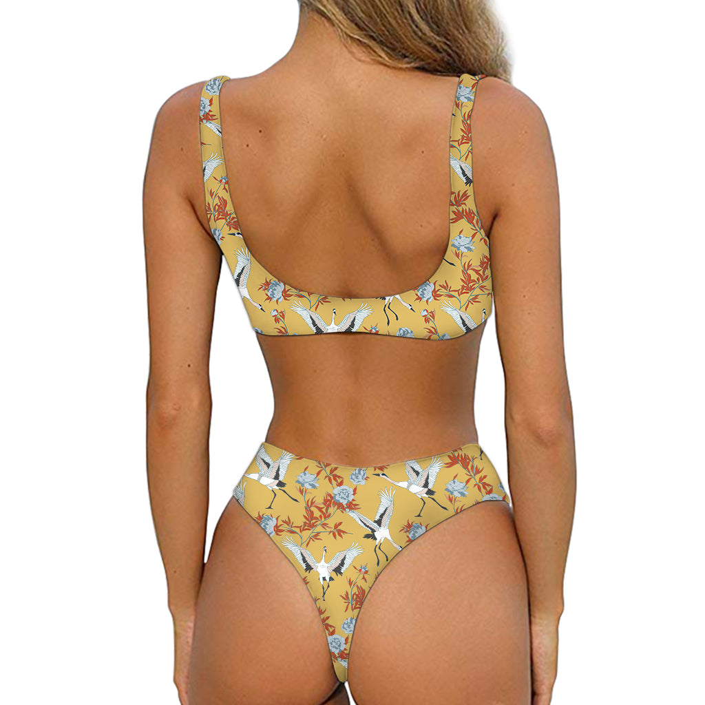 White Japanese Cranes Pattern Print Front Bow Tie Bikini