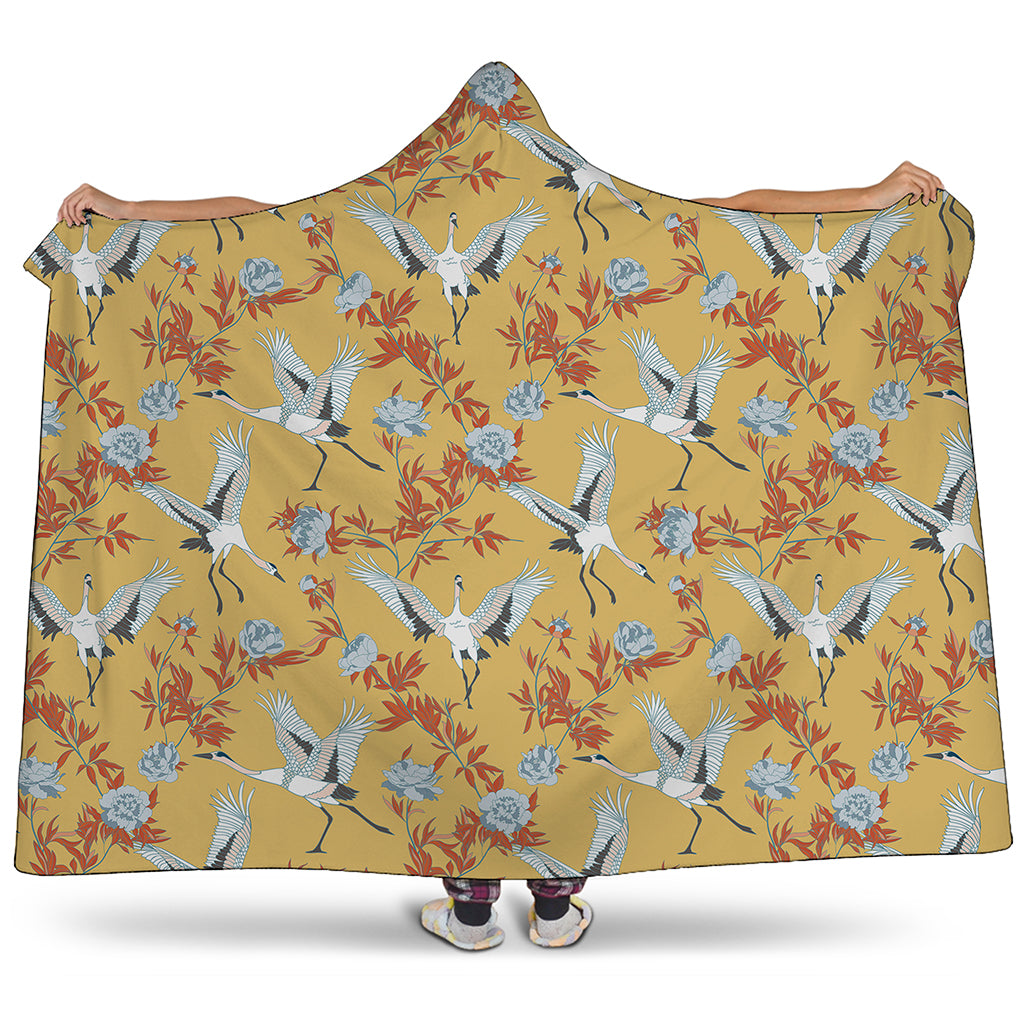 White Japanese Cranes Pattern Print Hooded Blanket