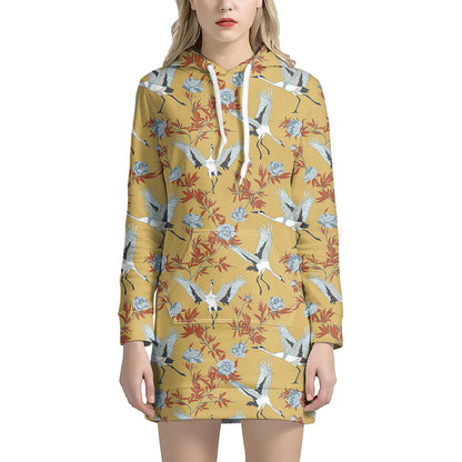 White Japanese Cranes Pattern Print Hoodie Dress
