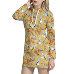 White Japanese Cranes Pattern Print Hoodie Dress