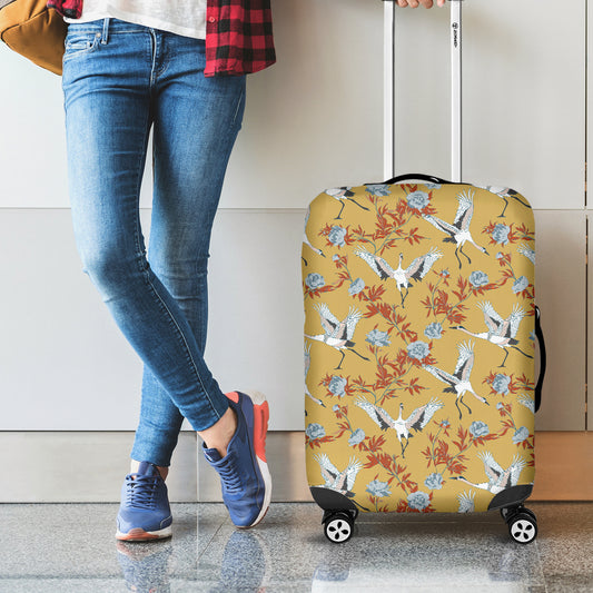 White Japanese Cranes Pattern Print Luggage Cover