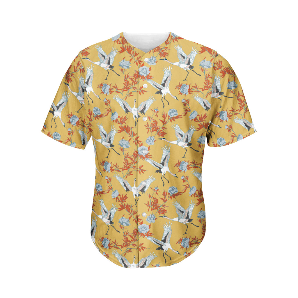 White Japanese Cranes Pattern Print Men's Baseball Jersey