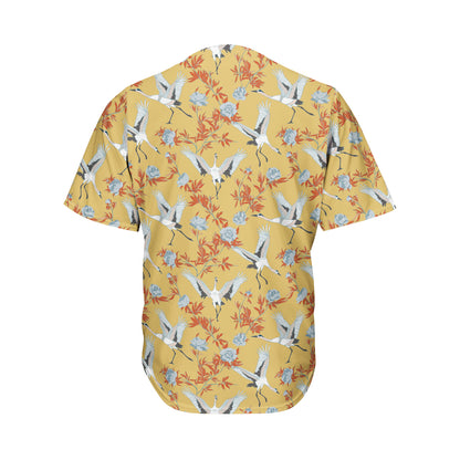 White Japanese Cranes Pattern Print Men's Baseball Jersey