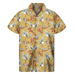 White Japanese Cranes Pattern Print Men's Short Sleeve Shirt