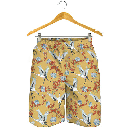 White Japanese Cranes Pattern Print Men's Shorts