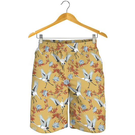 White Japanese Cranes Pattern Print Men's Shorts