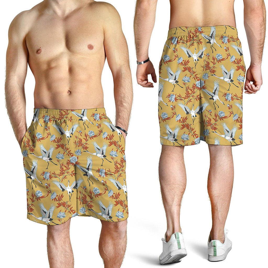White Japanese Cranes Pattern Print Men's Shorts