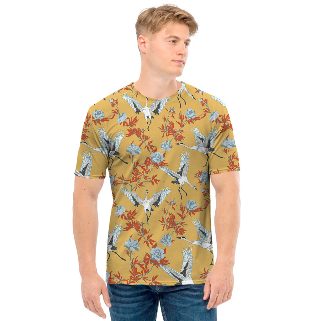 White Japanese Cranes Pattern Print Men's T-Shirt
