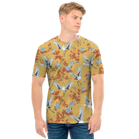 White Japanese Cranes Pattern Print Men's T-Shirt
