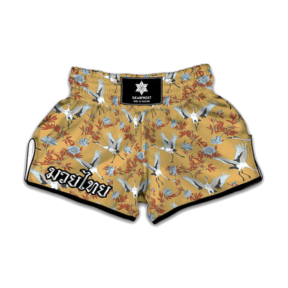 White Japanese Cranes Pattern Print Muay Thai Boxing Shorts