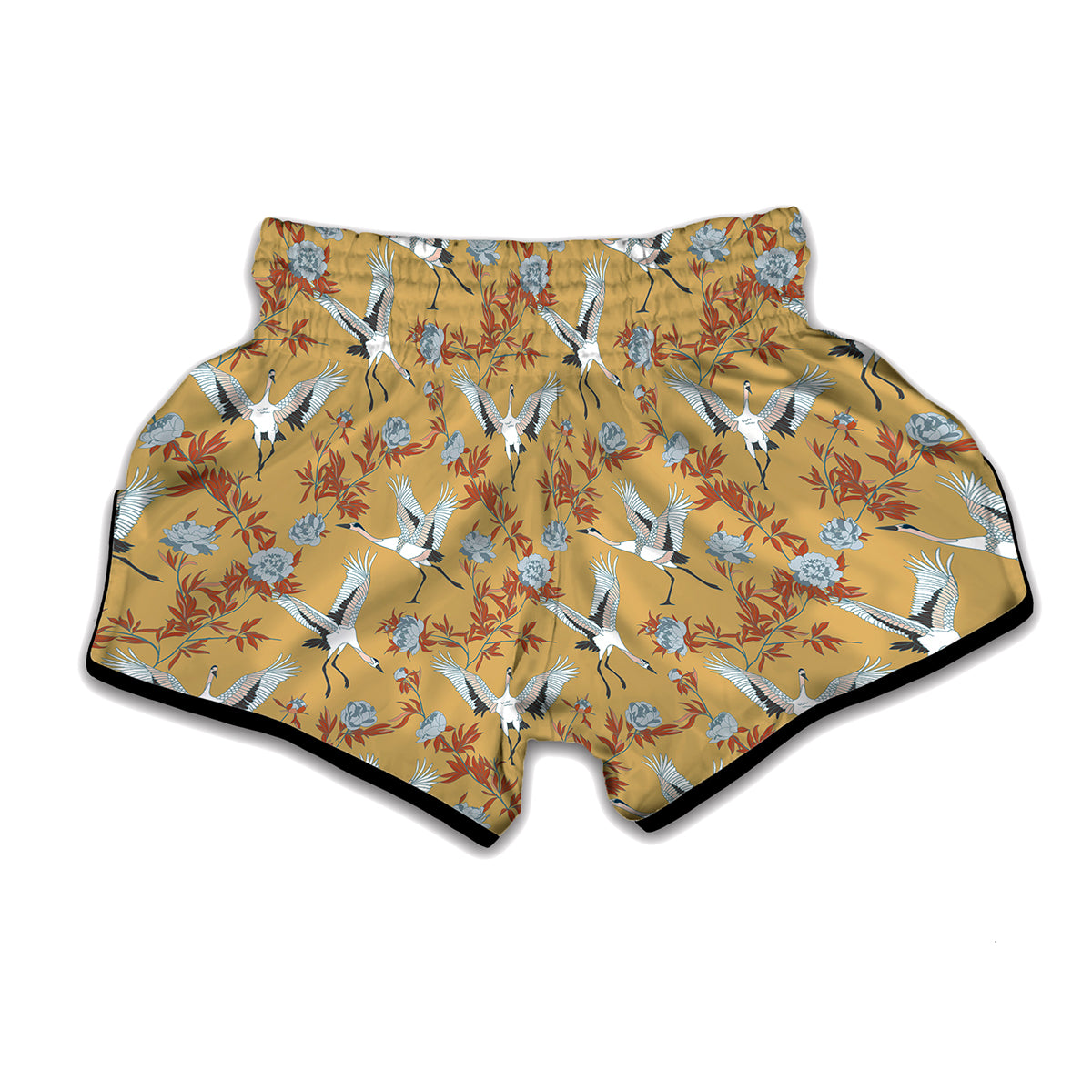White Japanese Cranes Pattern Print Muay Thai Boxing Shorts