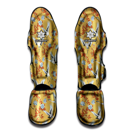 White Japanese Cranes Pattern Print Muay Thai Shin Guard