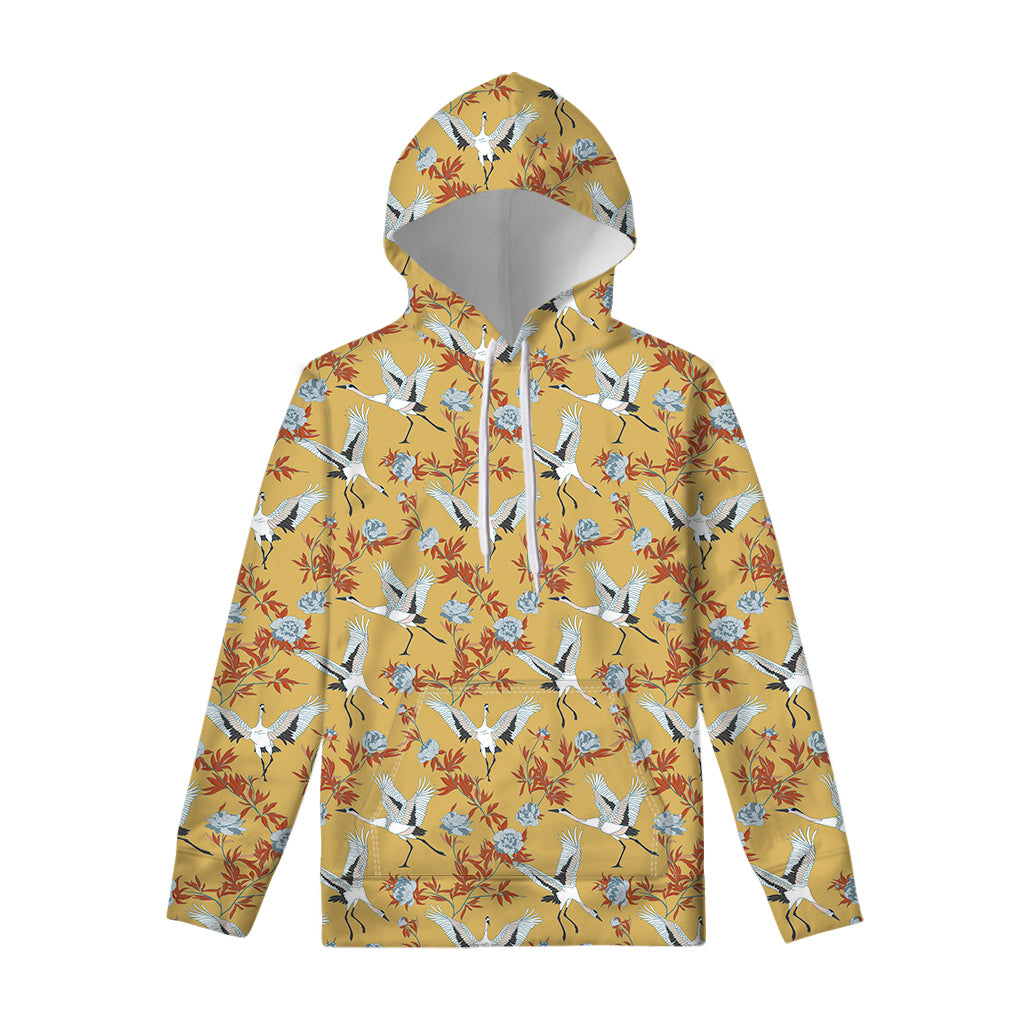 White Japanese Cranes Pattern Print Pullover Hoodie