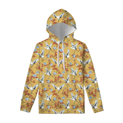 White Japanese Cranes Pattern Print Pullover Hoodie