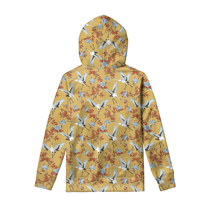 White Japanese Cranes Pattern Print Pullover Hoodie