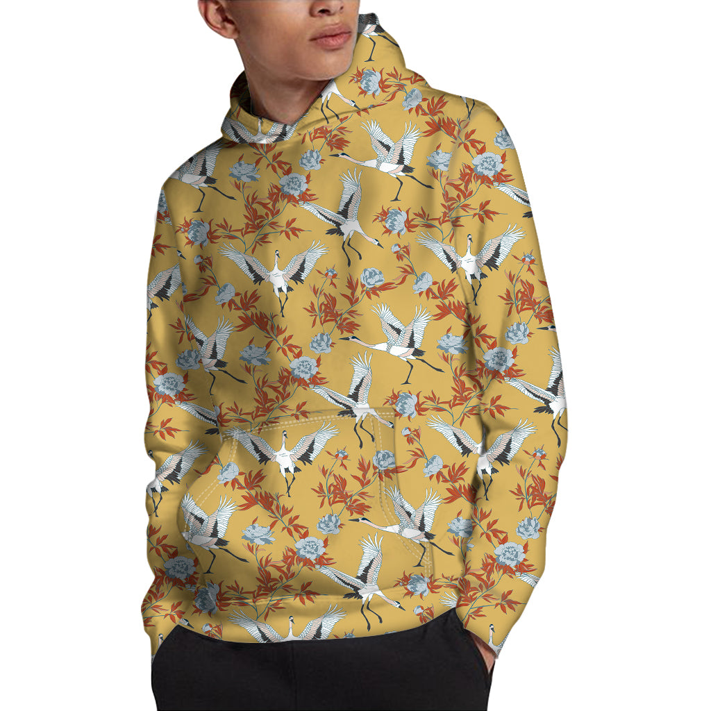 White Japanese Cranes Pattern Print Pullover Hoodie