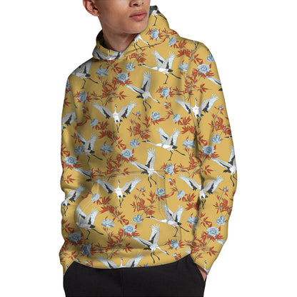 White Japanese Cranes Pattern Print Pullover Hoodie