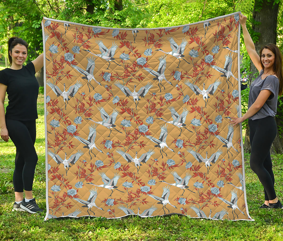 White Japanese Cranes Pattern Print Quilt