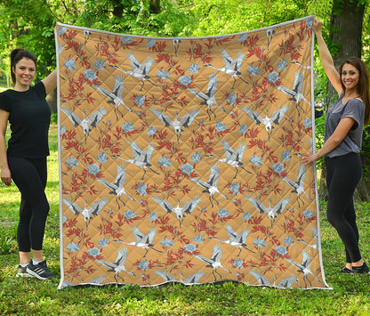 White Japanese Cranes Pattern Print Quilt