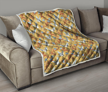 White Japanese Cranes Pattern Print Quilt