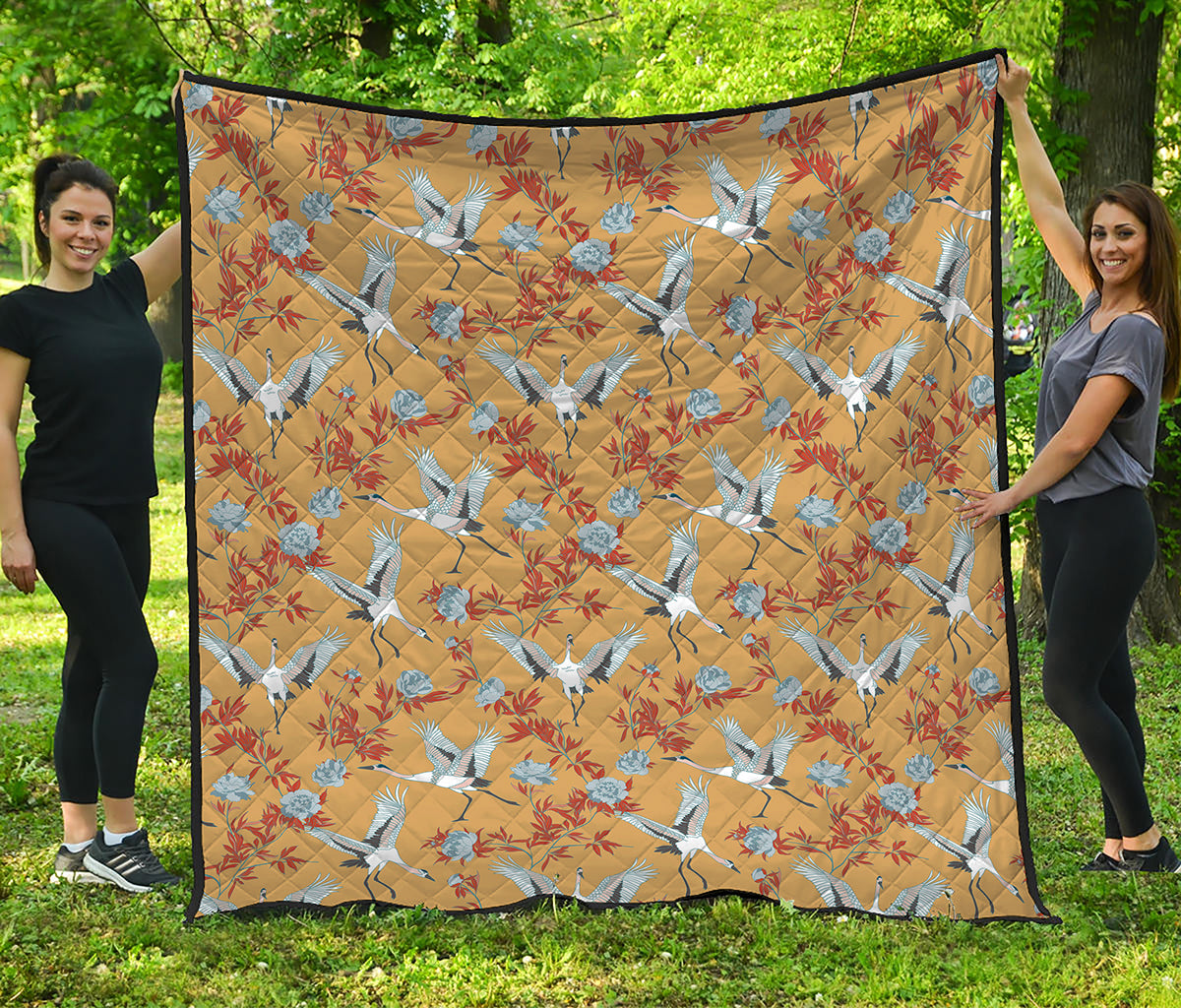 White Japanese Cranes Pattern Print Quilt