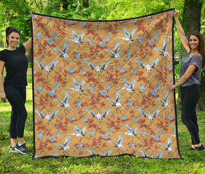 White Japanese Cranes Pattern Print Quilt