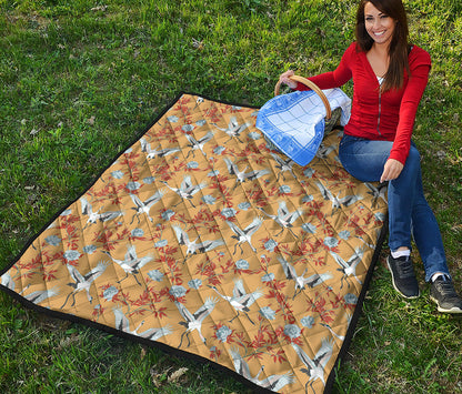 White Japanese Cranes Pattern Print Quilt